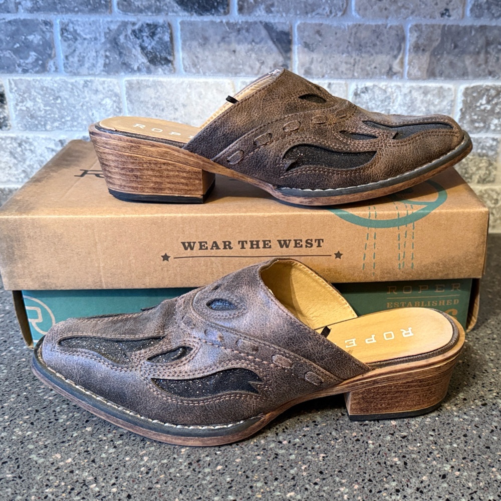 Roper WORN ONCE Women's Beth Glittered Tooled Inlay Mules in COGNAC. Women 7.